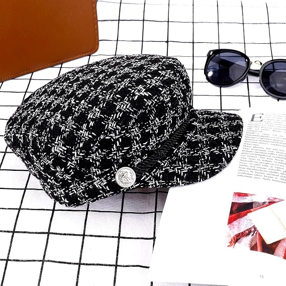 Ladies Houndstooth Cap Women's Short Brim Visor Beret Fashion Casual Hat Retro British Style Elegant Winter Flat Hats for Women ('6 7/8-7 1/8') Black 1 Piece