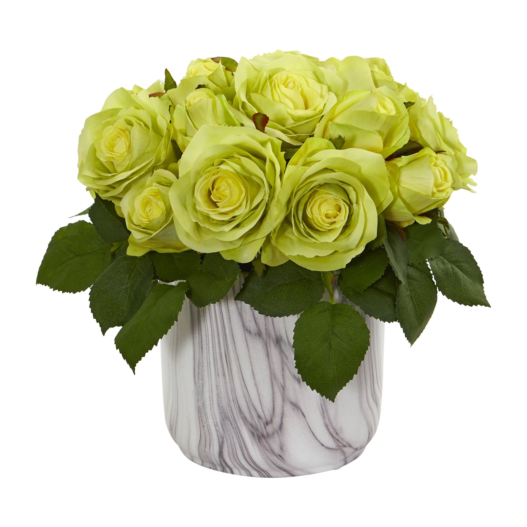 Rosas de seda premium Nearly Natural y jarrón de mármol artificial exclusivo