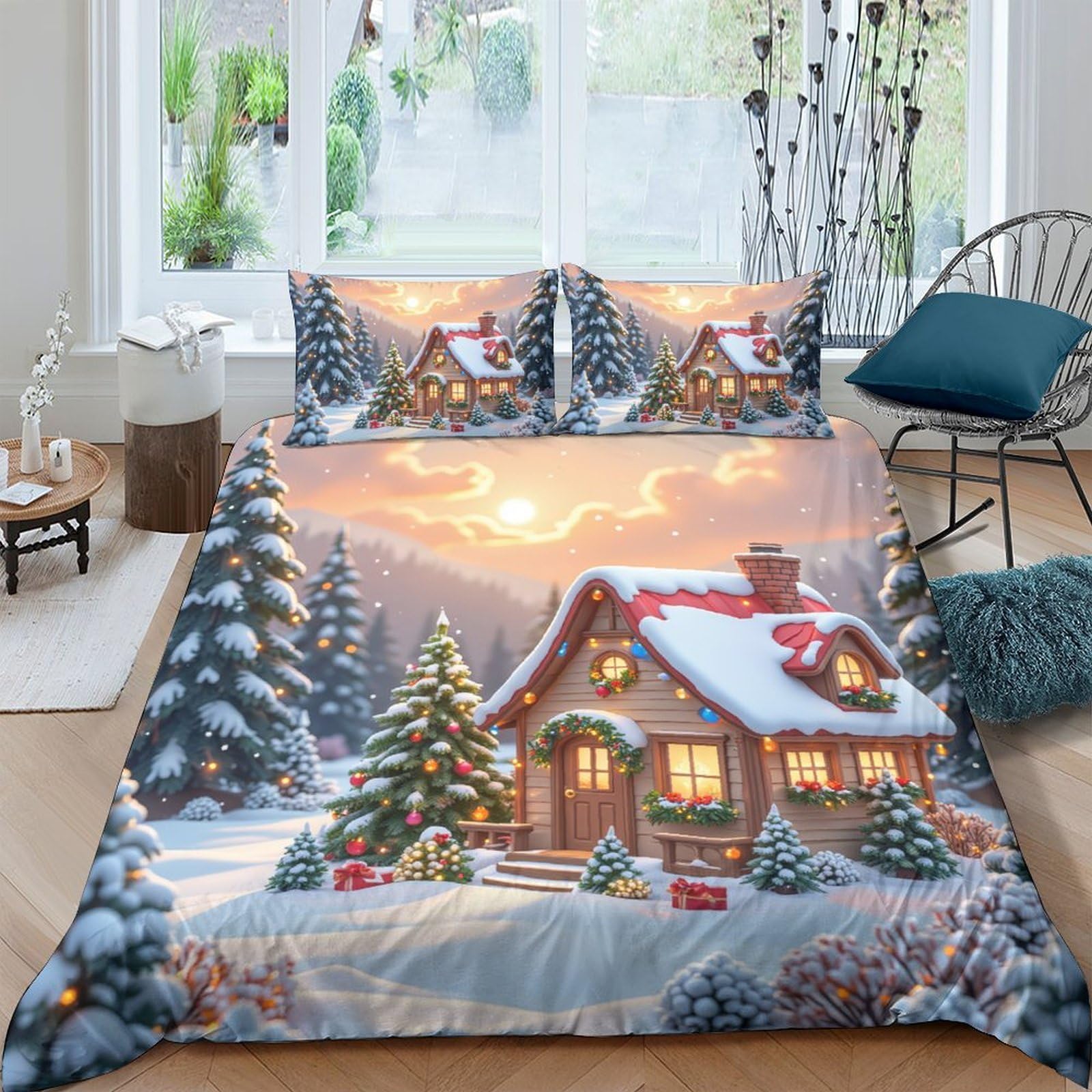 Ctjqhvkz Style-9 3D Printed Winter Cabin Fitted Sheet Microfiber Snowy Forest Bed Cover Anti-Slip Machine Washable For Bedroom Guest Room Single（135X200cm）