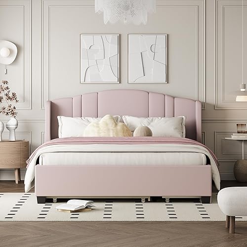 Miniatura 46 de Elegante cama con plataforma tapizada de terciopelo de tamaño Queen con cabecero, para niños, niñas y adolescentes (beige @cabecero/, Queen)