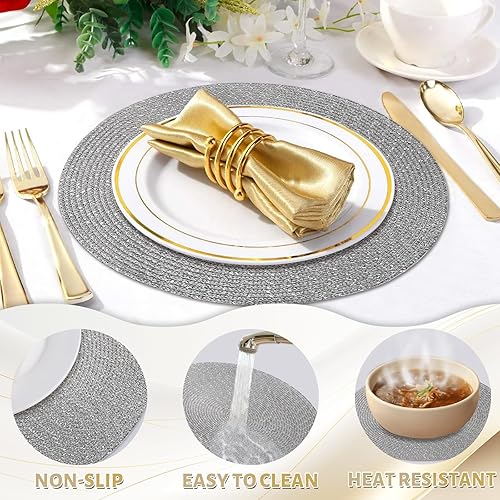 Miniatura 5 de MAONAME Juego de 6 manteles individuales trenzados, redondos para mesa de comedor, manteles individuales lavables de poliéster de 14 pulgadas,