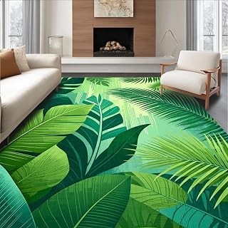 Low Pile Flatwoven Area Rug 8x10, Jungle Oasis Lush Green Tropical Leaf, Machine Washable, Stain Resistant Indoor Rug for Living Room, Bedroom, Non Slip(Green, 8x10, Pad)