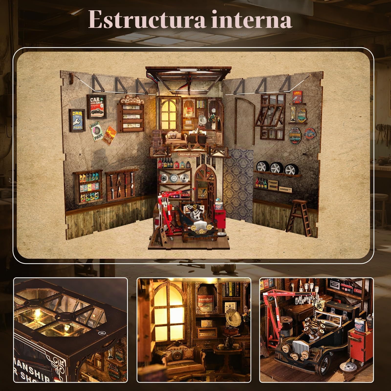 Kit Book Nook para niños y Adultos, Modelo de Taller de reparación Artesanal con Estilo mecánico,Miniatura Puzzle 3D de Madera con Luz LED,Creativa Decoración Hogareña y Regalo Original