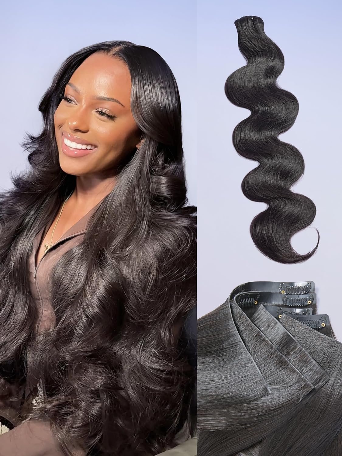 LUVME 0.82mm Invisible Clip in Hair Extensions Body Wave, 18 Inch 110g 7 Pcs, 100% Real Human Hair Clip Ins, Natural Black, Seven Piece Set for Even Coverage and Full Volume All Day