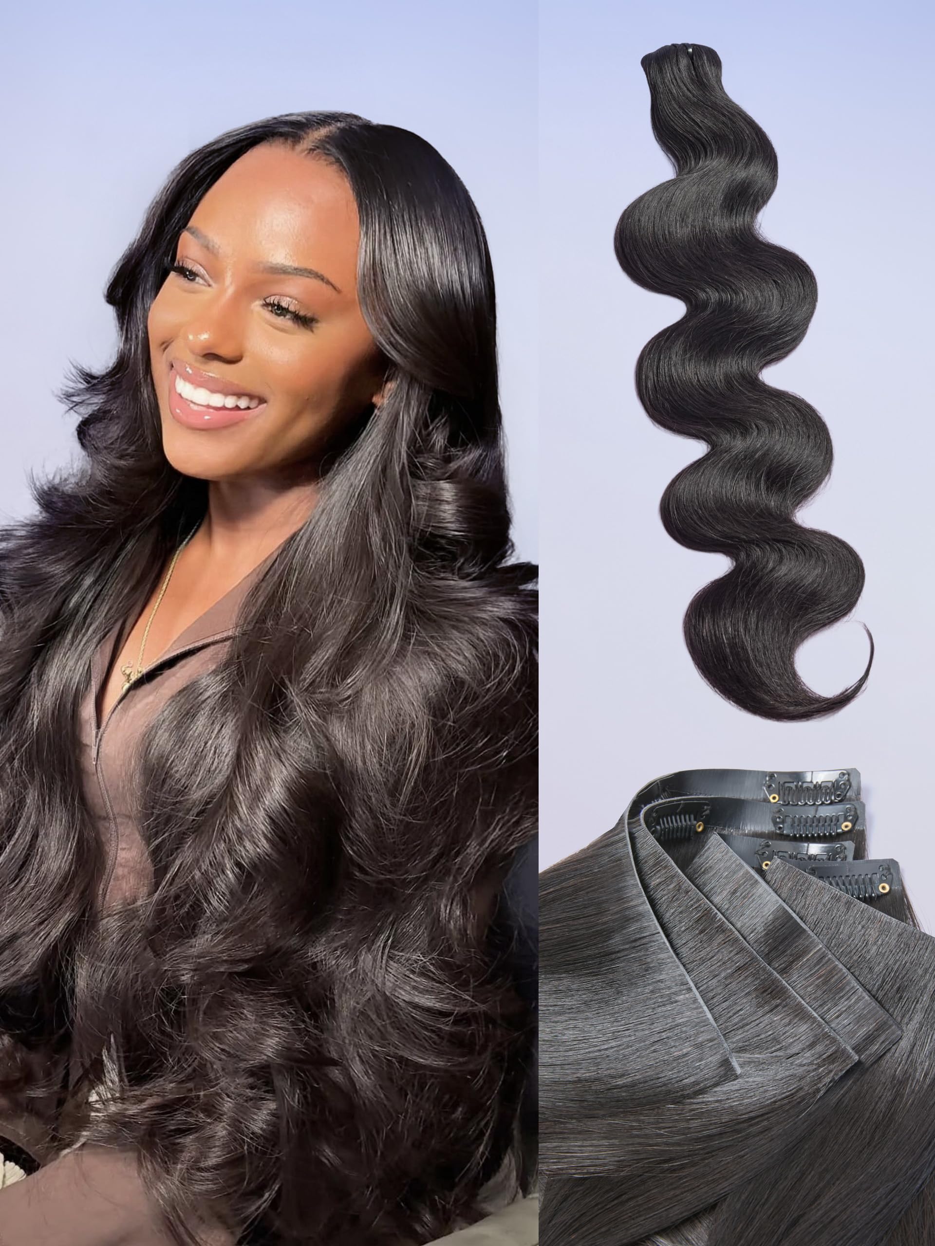 LUVME Invisible Clip in Hair Extensions Body Wave Real Human Hair, Remy Human Hair Extensions Clip ins for Women, Natural Human Hair, 14 inch 110g