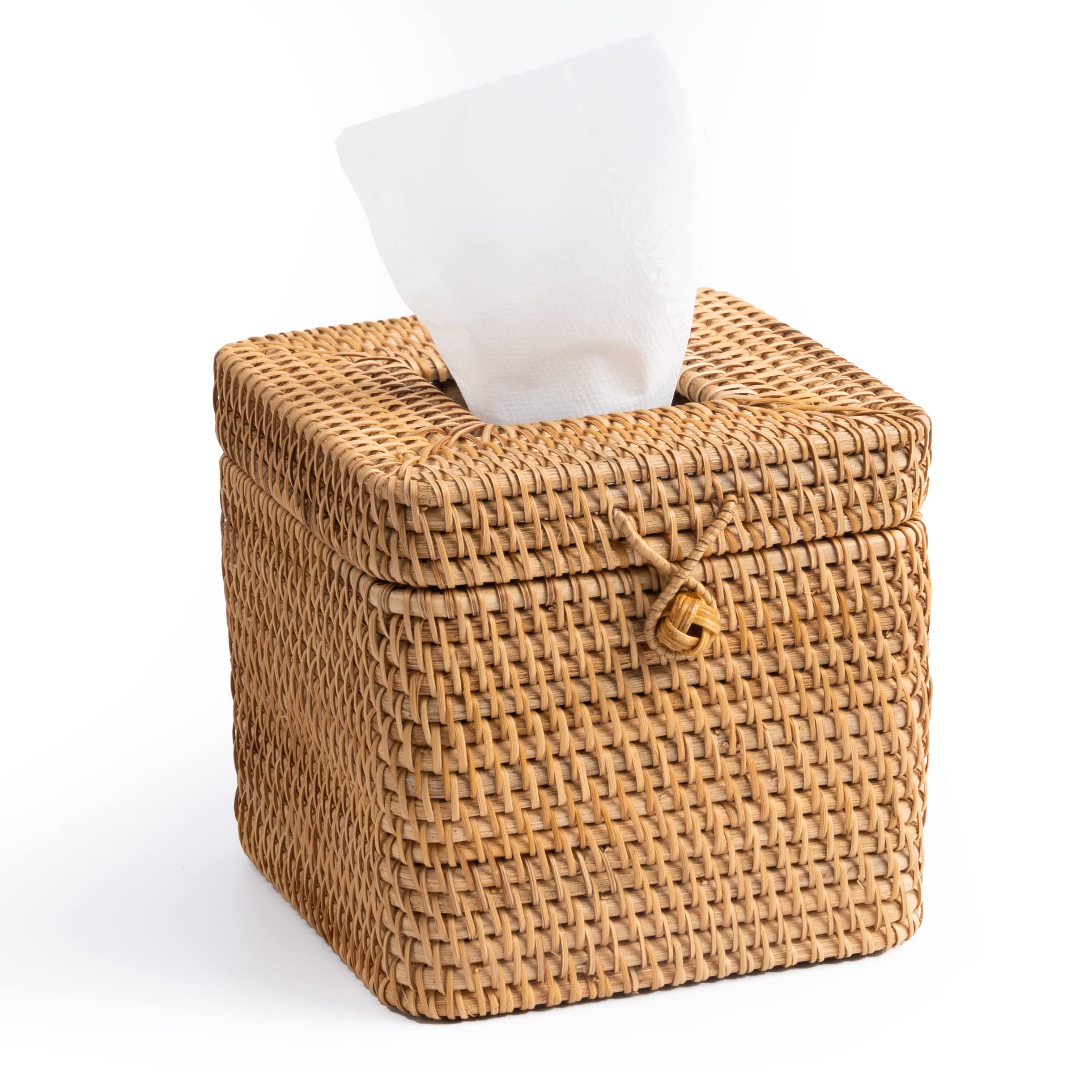 Rattan Square Tissue Box Cover- 5.7" x 5.7" x 5"-Decorative Woven Facial Tissue Holder with Hinged Top Lid- Facial Box for Home, Office ,Bathrooms, Decoration (Yellow)