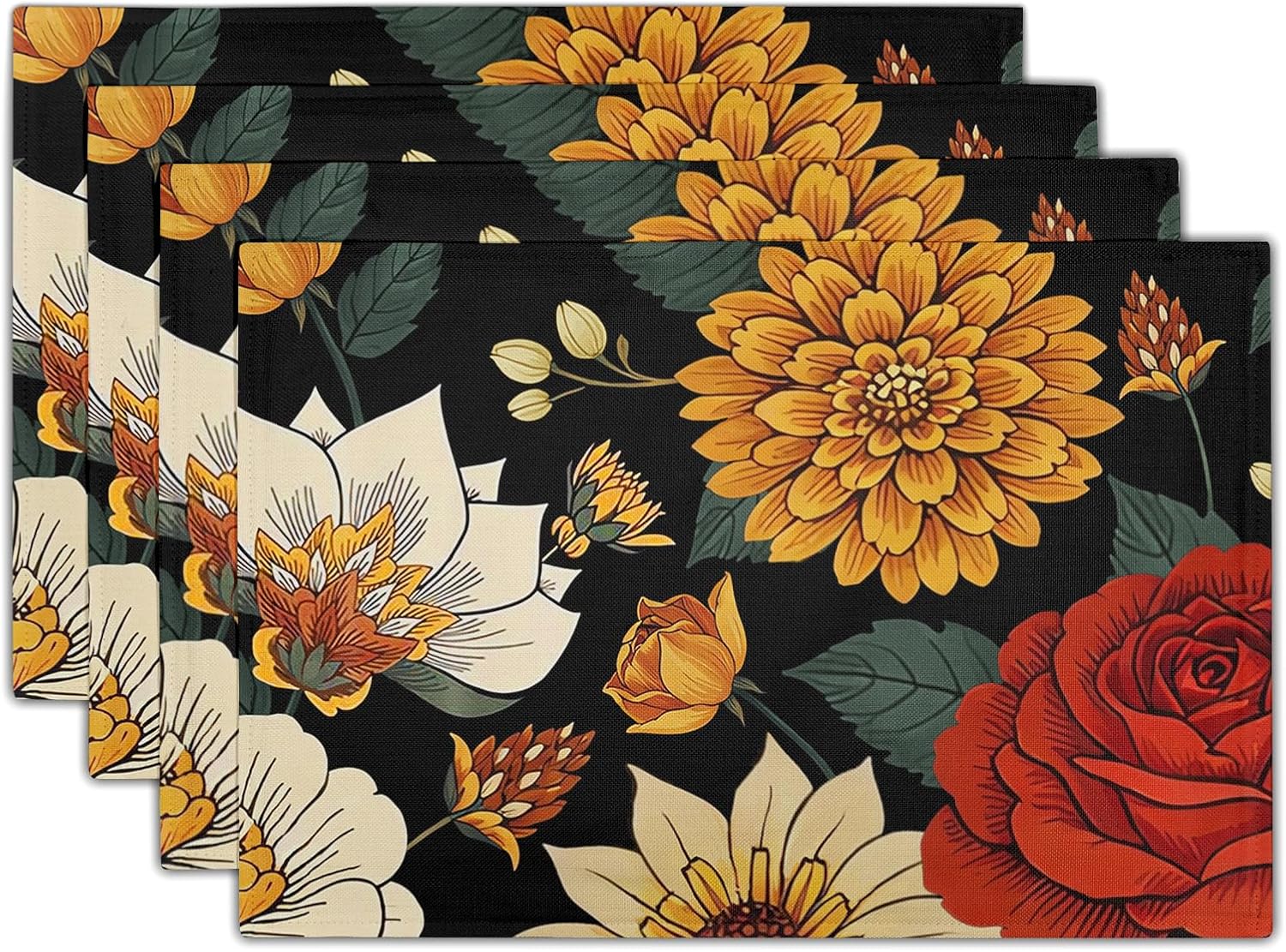 Boho Placemats Set of 4 - Floral Place Mats 12x18 Vintage Flower Table Mats Bohemian Kitchen Mats for Party Dining Table