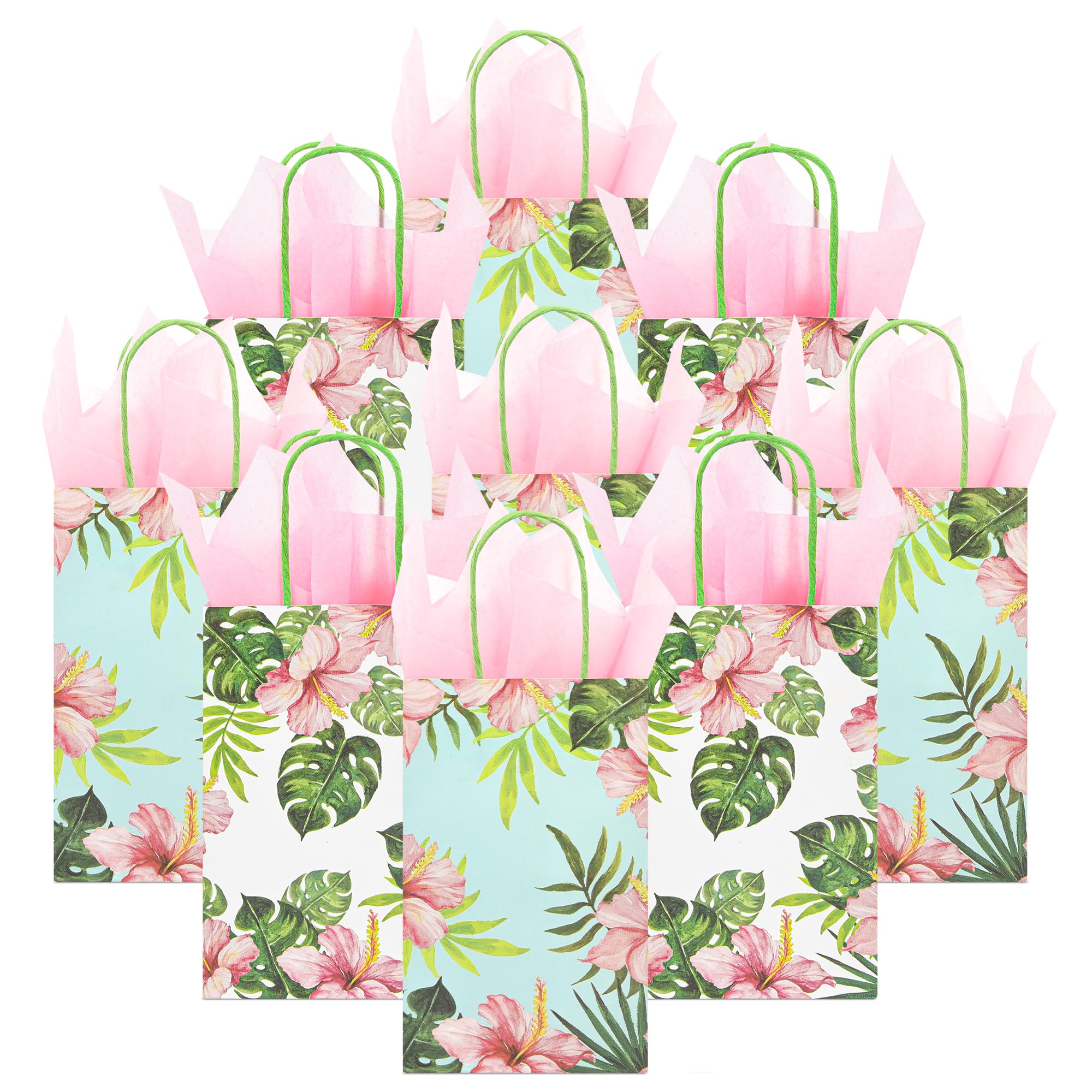 36 Pack Small Hawaiian Tropical Party Favor Gift Bags with Handles 9x5.5x3.15 Inch and 36 Pink Tissue Paper for Luau Parties, Birthdays, Weddings, Baby Showers, Bridal Showers (2 Designs Assorted)