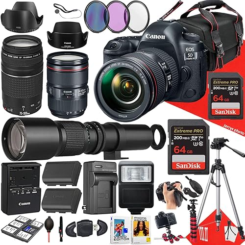 Canon EOS 5D Mark IV DSLR Camera with EF 24-105mm f/4L is II USM, EF 75-300mm f/4-5.6 III and 500mm f/8.0 Preset Telephoto Lens + 128 GB Memory + Filters + More (39pc Bundle), Black (Renewed)