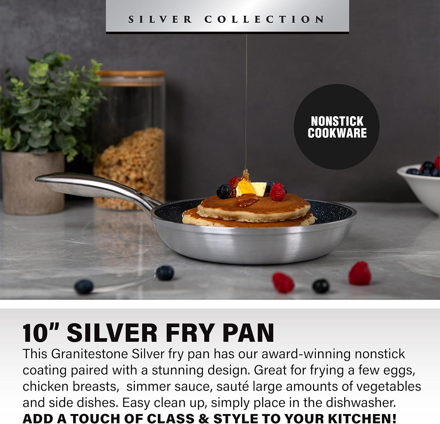 Granitestone Silver 10-Inch Non-Stick Fry Pan Shown with Pancakes
