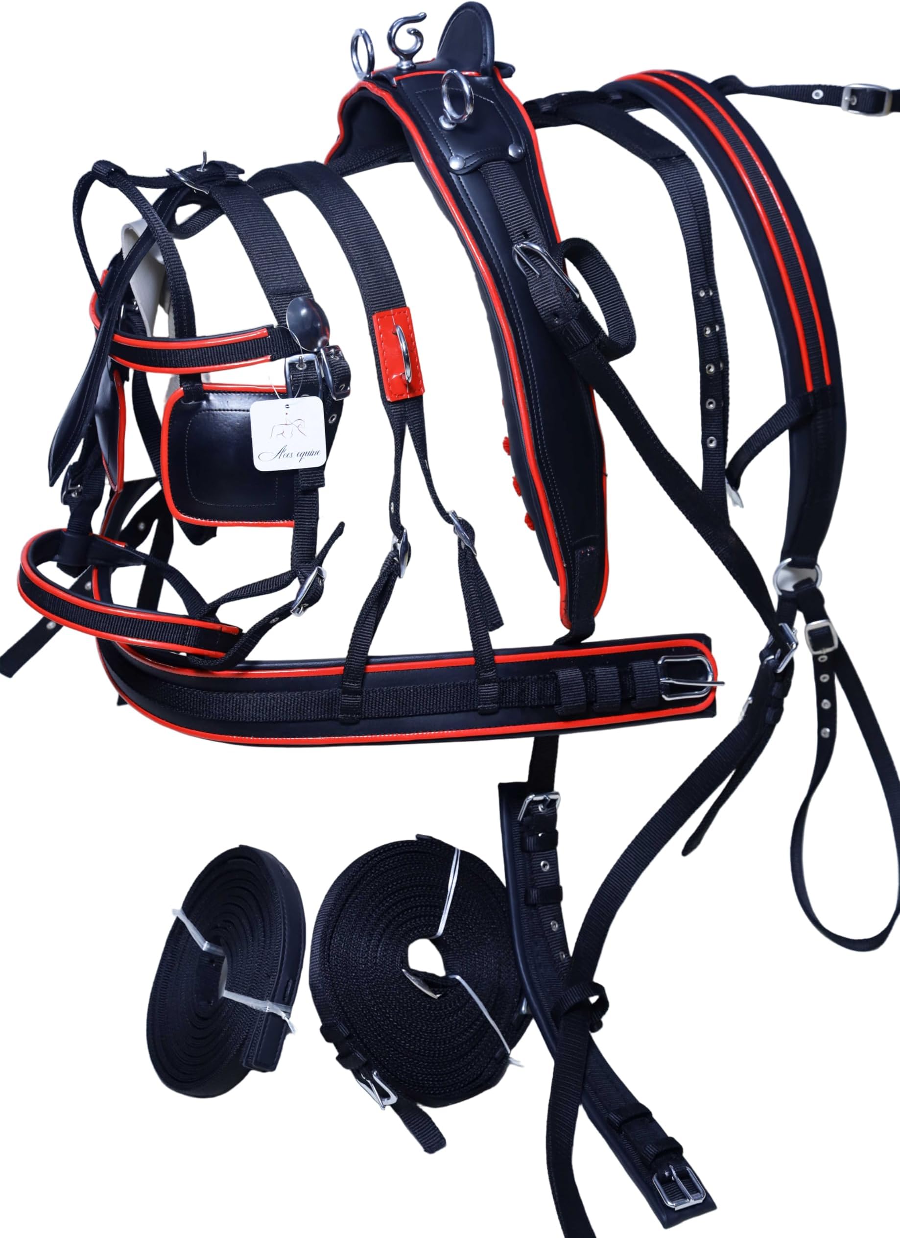 NYLON HORSE CART DRIVING HARNESS IN BLACK & RED SIZE FULL, COB, PONY