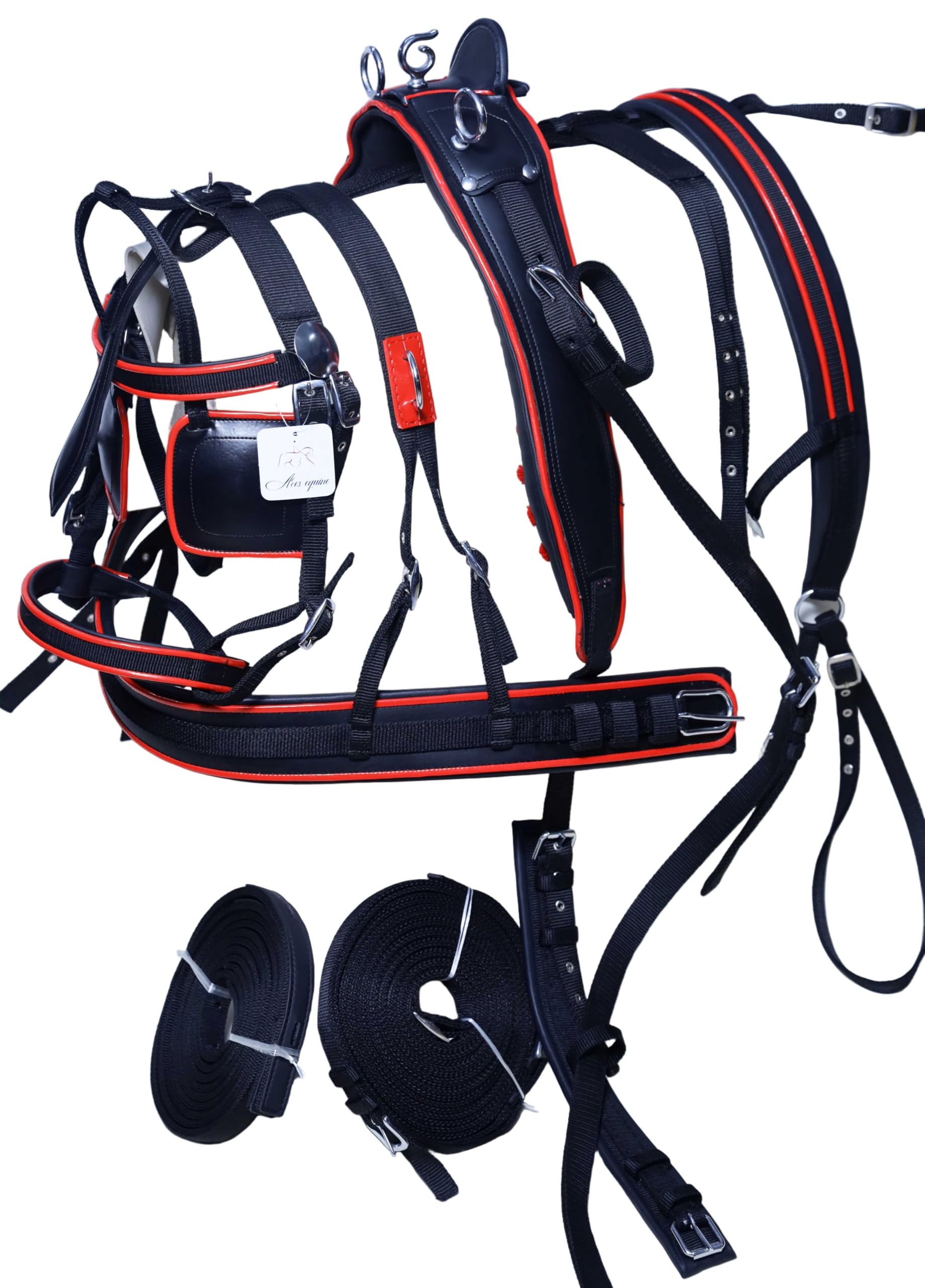 Imbracatura di guida in nylon per cavalli, colore nero e rosso, dimensioni piene, pannocchia, pony