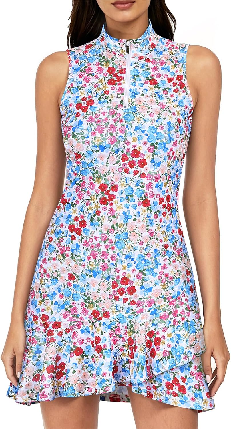 Cucuchy Style Tennis Golf Dresses for Women Sleeveless Athletic Dress Zip Up Ruffle Golf Outfits