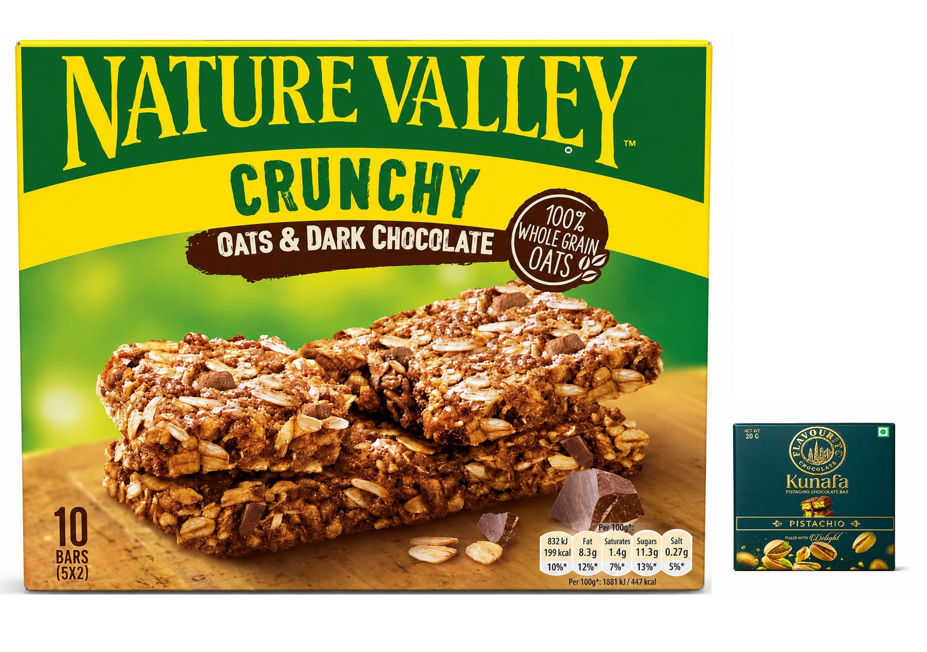 Nature Valley Crunchy Oats & Dark Chocolate Granola Bars, 10 Bars (5 x 2 Packs), 210g | Whole Grain Oats | Crunchy Snack Bars |Get Free Flavourito Kunafa Pistachio Chocolate Bar, 20g By Decadent Foods,(Imported-USA)-image-42