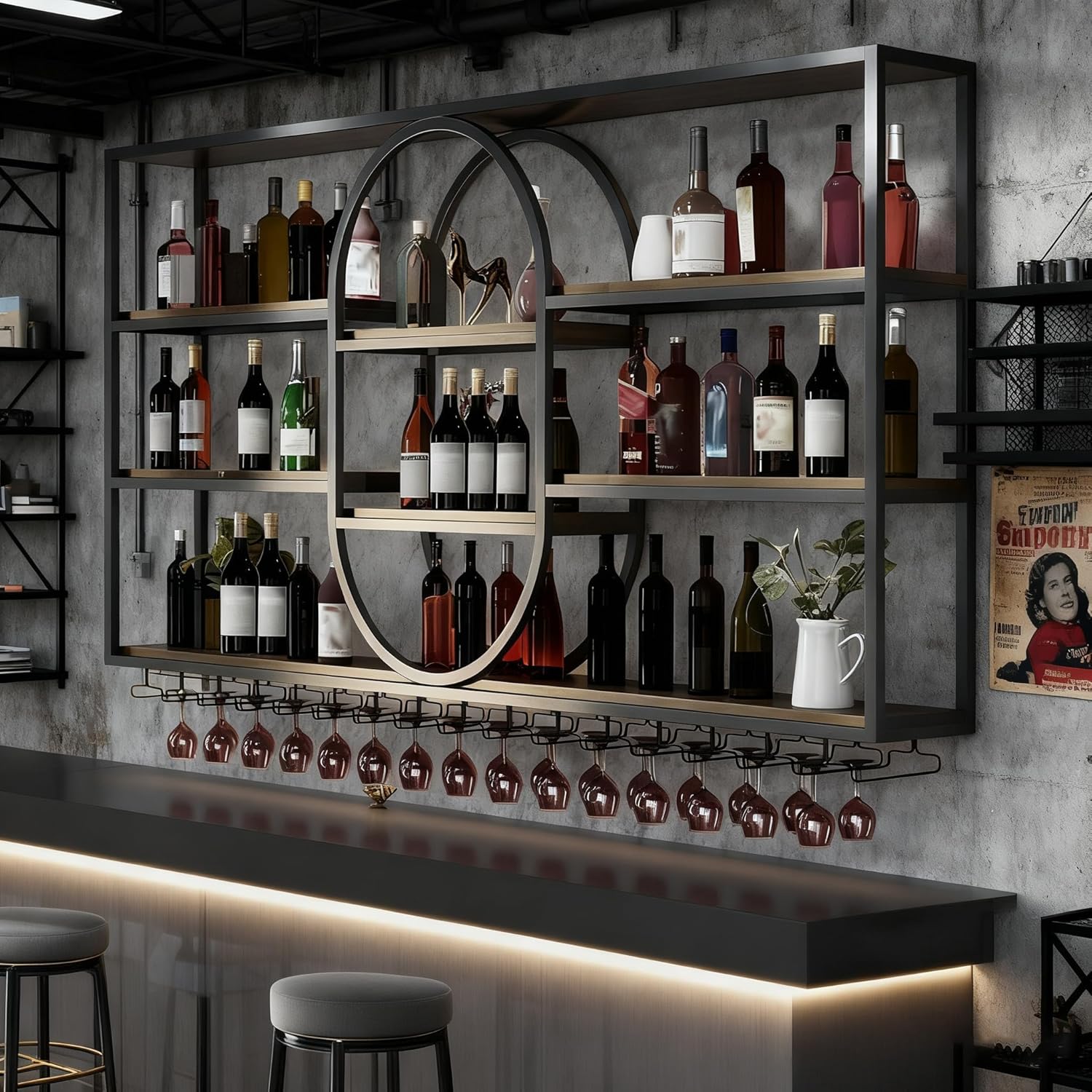 71IN Large Wall Mount Wine Rack, 4 Tier Metal Hanging Bottle Holder with Wine Glass Storage Racks, Modern Floating Wine Shelves for Home Bar Dining Room Decoration (Black, 71IN/180CM)