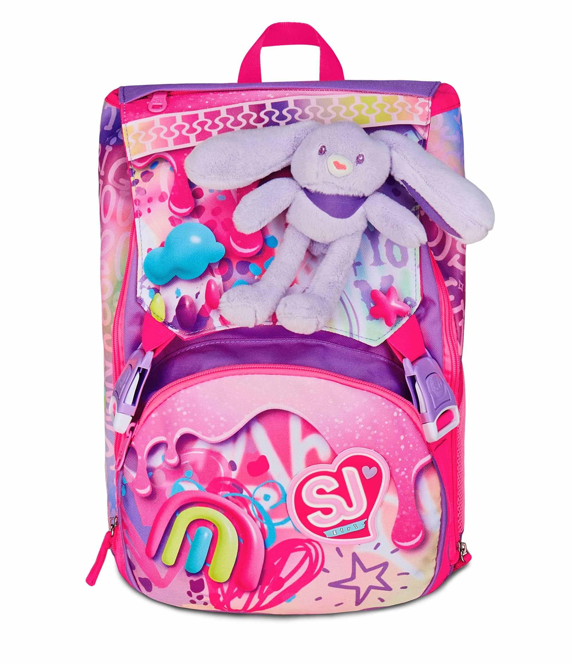 SJ GANG STYLE JAM GANG Zaino Scuola Estensibile Big, Fucsia, Zaino con Divisorio Interno, Tasca per Borraccia, Peluche Coniglietto Abbinato, 24 L, Zaino Scuola Elementare, Zaino Bambina