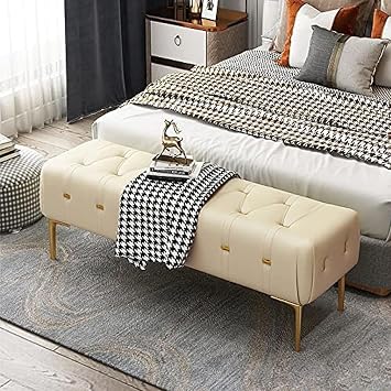 Luxury Bedside Bench, Leather Upholstered Bedroom Bench with Gold Legs, Entryway Bench, Modern Living Room Bench,Light Yellow,120X40X43Cm47X16X17Inch