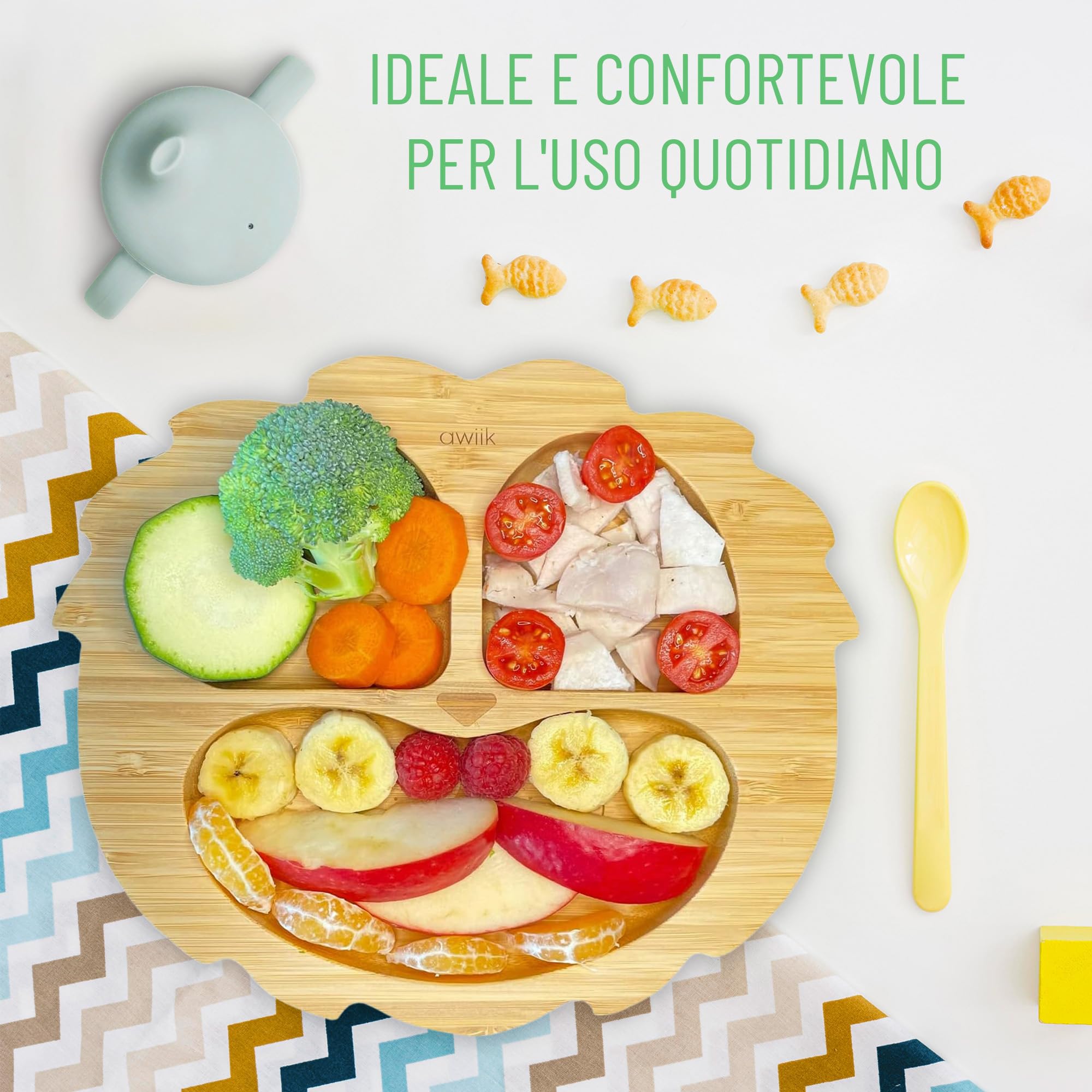 Piatto in Bambù Con Forte Ventosa per Neonati e Bambini Piccoli. Antiscivolo e Antiribaltamento per Imparare a Mangiare BLW. (Lion)