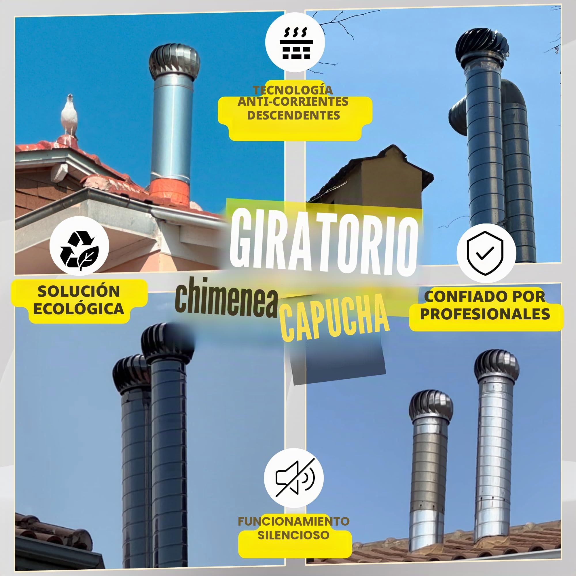 Accesorio para chimenea de 200 mm de acero inoxidable giratorio – SUNIFY accesorio para chimenea accionado por viento – Sombrero anti-retorno de humo – Cubierta de chimenea de ventilación giratoria