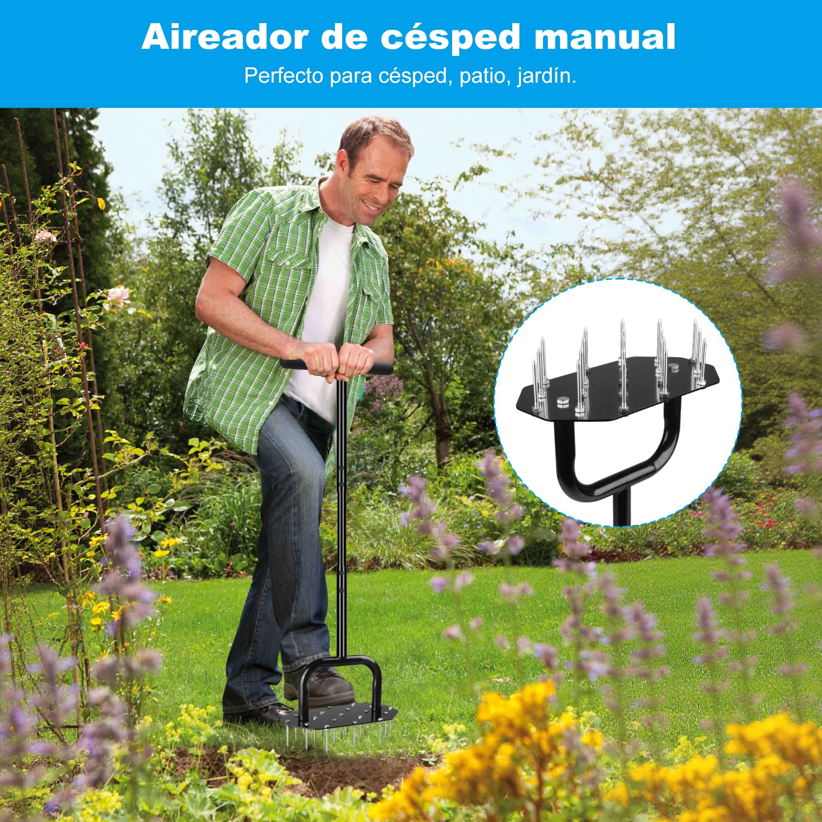 Aireador de Césped Manual - Aireador de Césped Resistente con 18 Picos Duraderas, Herramienta de Aireación de Césped Desmontable con Empuñadura en T y Placa de pie Ancha, Ideal para Patio, Jardín
