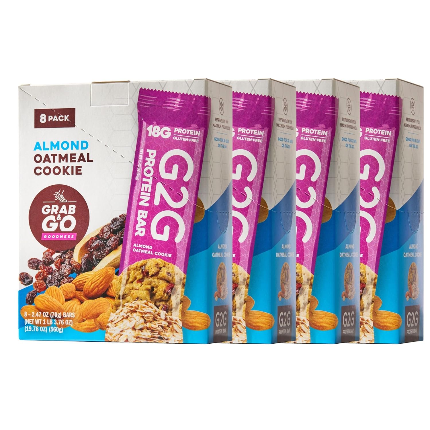 G2G Protein Bar, Almond Oatmeal Cookie, Real Food Ingredients, Refrigerated for Freshness, Healthy Snack, Delicious Meal Replacement, Gluten-Free, 32 Count (4 Packs of 8)