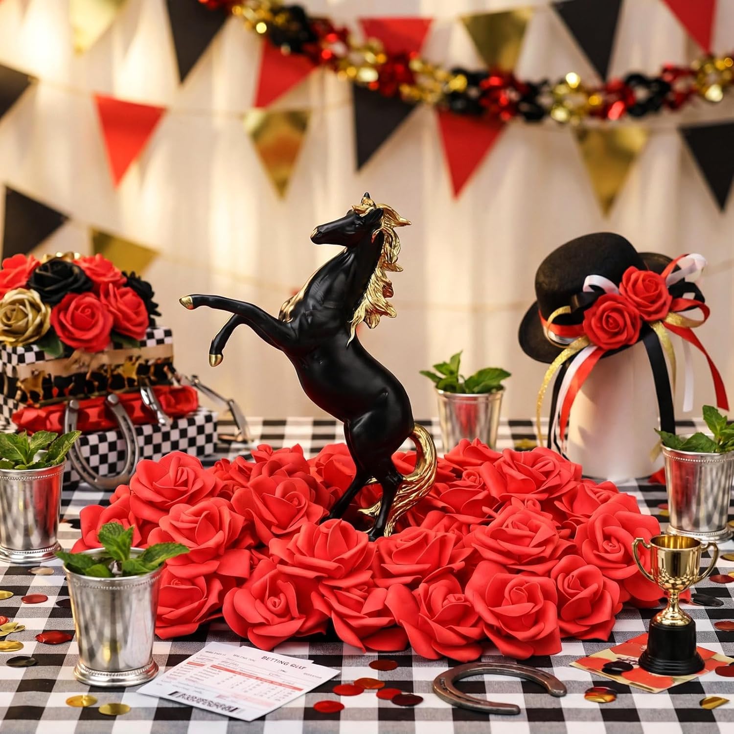 Threehoney Derby Table Decorations 11.6 Inch Horse Racing Table Centerpieces Black Resin Horse Figurines with 20 Red Fake Roses Derby Party Decor for Festival Holiday Supplies Home Office Desk Decor
