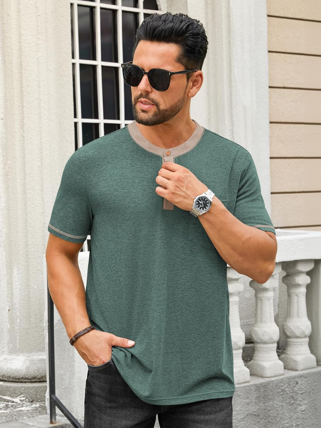 Hardaddy Men's Short Sleeve Henley Shirts Casual Color Block T-Shirts Button Henley Tee with Pocket - Image 4