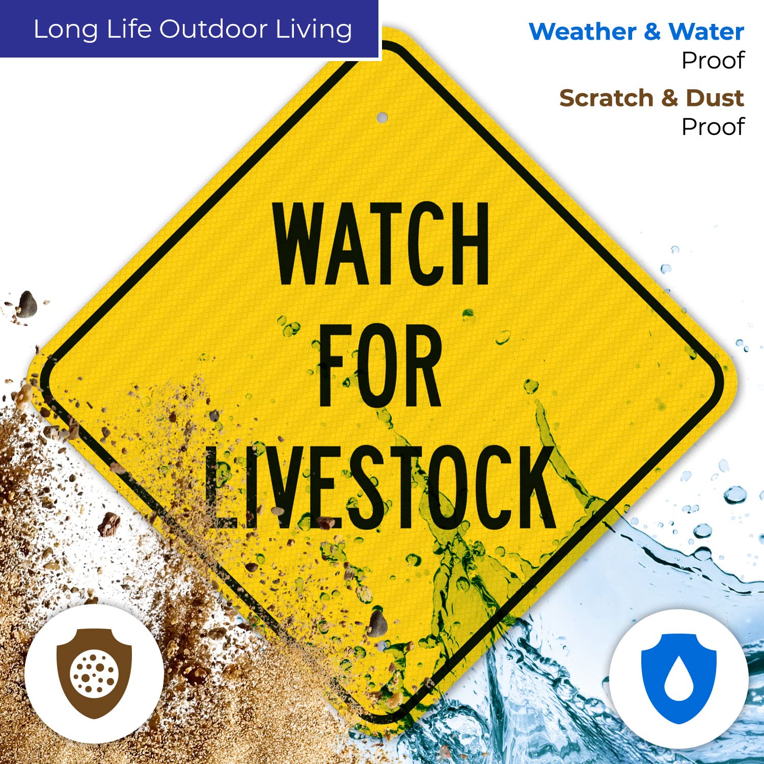 Watch for Livestock Sign, 18x18 Inches, 3M AEGP Reflective.063 Aluminum, Fade Resistant, Made in USA