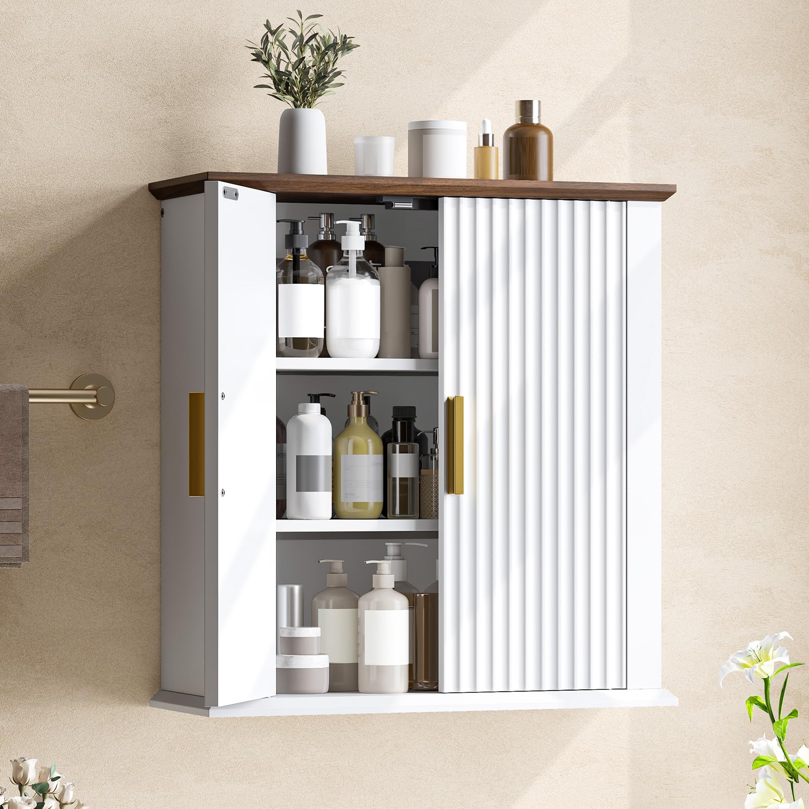 CHOEZON Armario de Pared para Baño, Gabinete con Diseño Ondulado, Estante Ajustable y Estilo Campestre, Mueble Colgante para Baño, Cocina, Lavandería, Blanco y Nogal