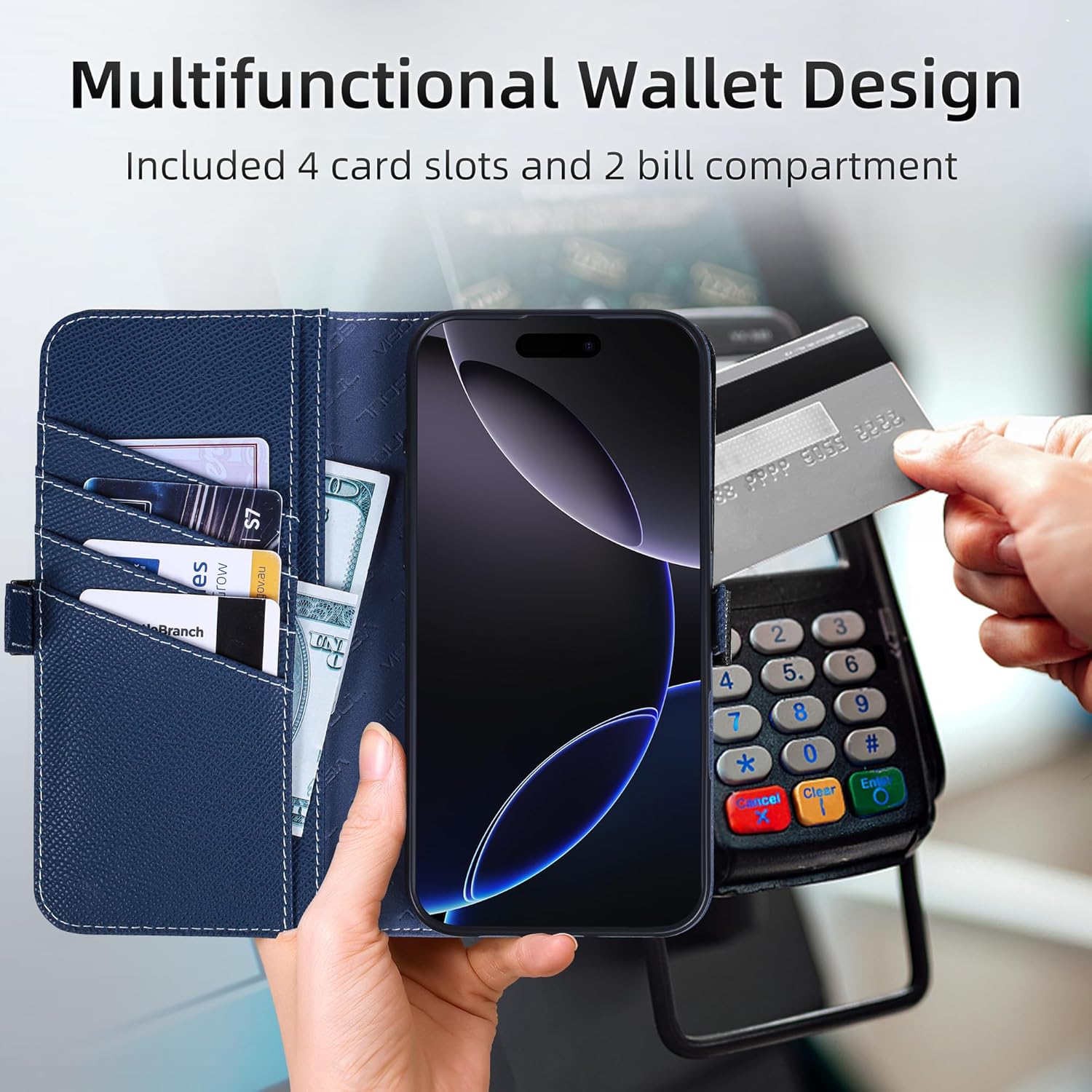 VISOUL Compatible with iPhone 16 Plus Wallet Case, Genuine Leather Phone Case Wallet Card Holder Magnetic Closure Kickstand Flip Cover Designed for iPhone 16 Plus (6.7") Navy Blue-Magentic - Image 7