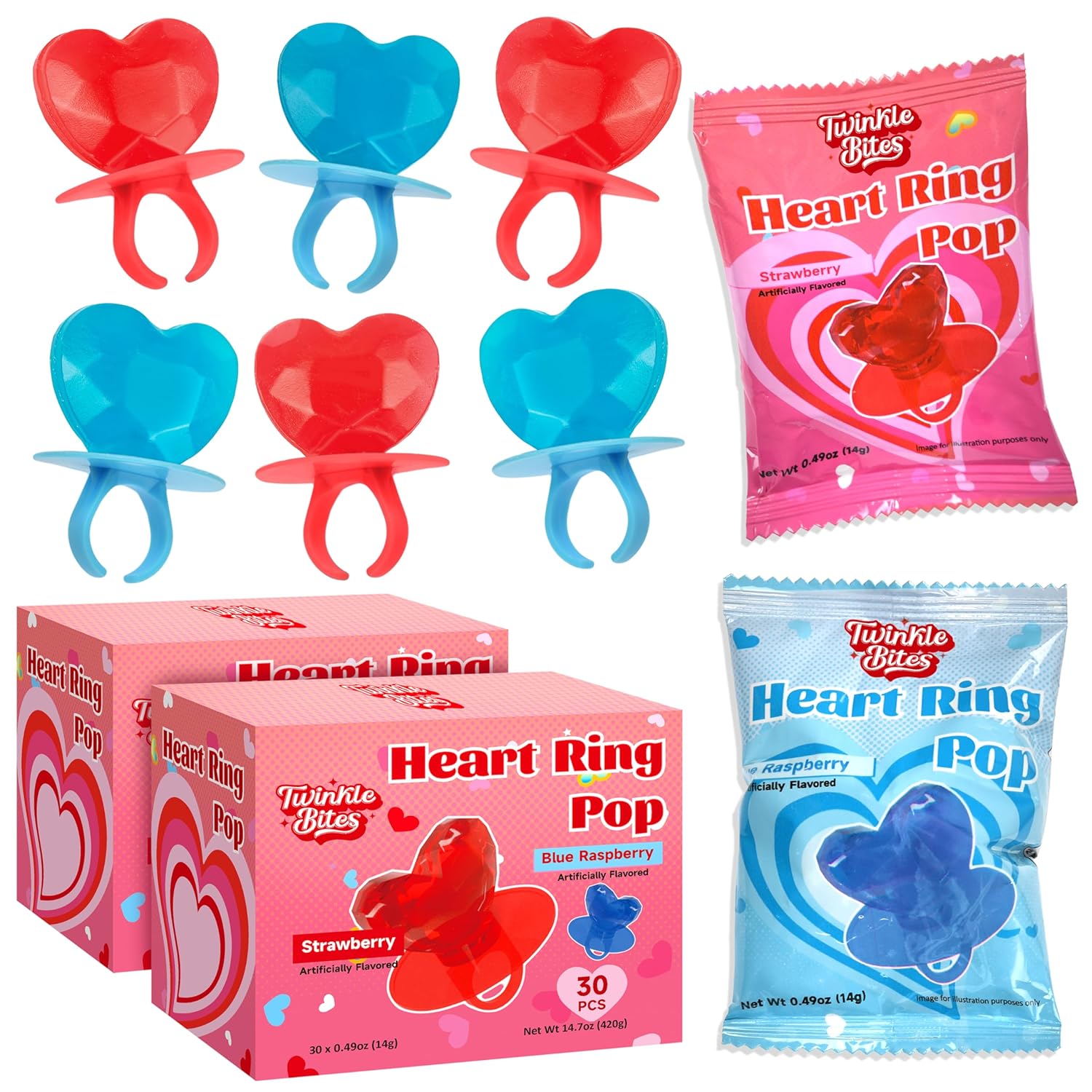 60 Pack Valentines Day Ring Candy – Individually Wrapped Holiday Themed Lollipops – Strawberry, Blue Raspberry Delicious Flavors – Bulk Suckers Great Use, For Kids Party Favor, Classrooms Partys, Goodie Bags