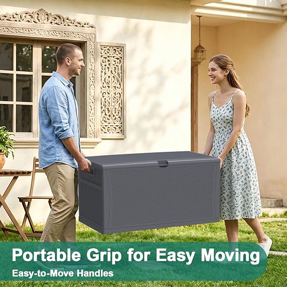 EHHLY 121 Gallon Outdoor Storage Box Large, Lockable Outside Storage Containers Waterproof Patio Cushions Deck Boxes, Rattan Plastic Garden Hose Boxes Resin Pool Storage Bins, Grey