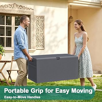 EHHLY 121 Gallon Outdoor Storage Box Large, Lockable Outside Storage Containers Waterproof Patio Cushions Deck Boxes, Rattan Plastic Garden Hose Boxes Resin Pool Storage Bins, Grey