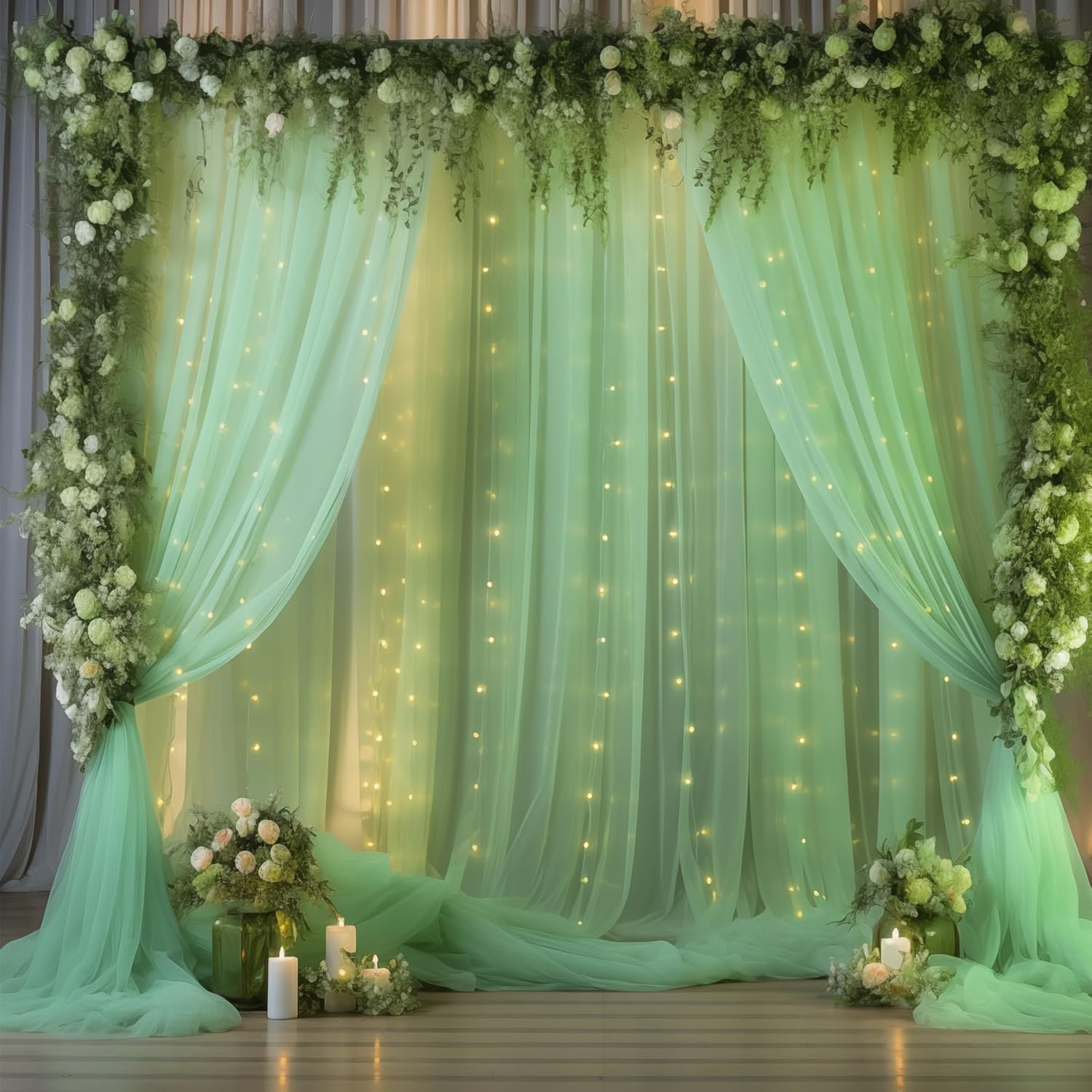 10×10ft Green Tulle Backdrop Curtain with Lights String for Parties, Sheer Photo Curtain Backdrop Drapes for Wedding Party Photography Backgrounds