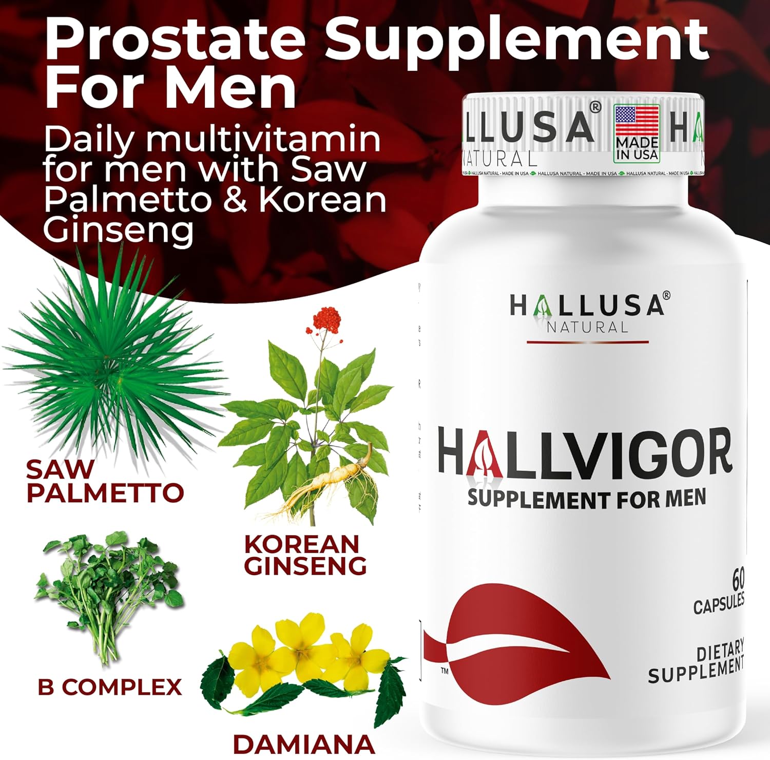 "N/A" HALLVIGOR Men’s Daily Multivitamin – Korean Ginseng, Damiana, Saw Palmetto, Biotin, B Complex, Zinc, Royal Jelly – 60 Capsules – Hallusa Natural