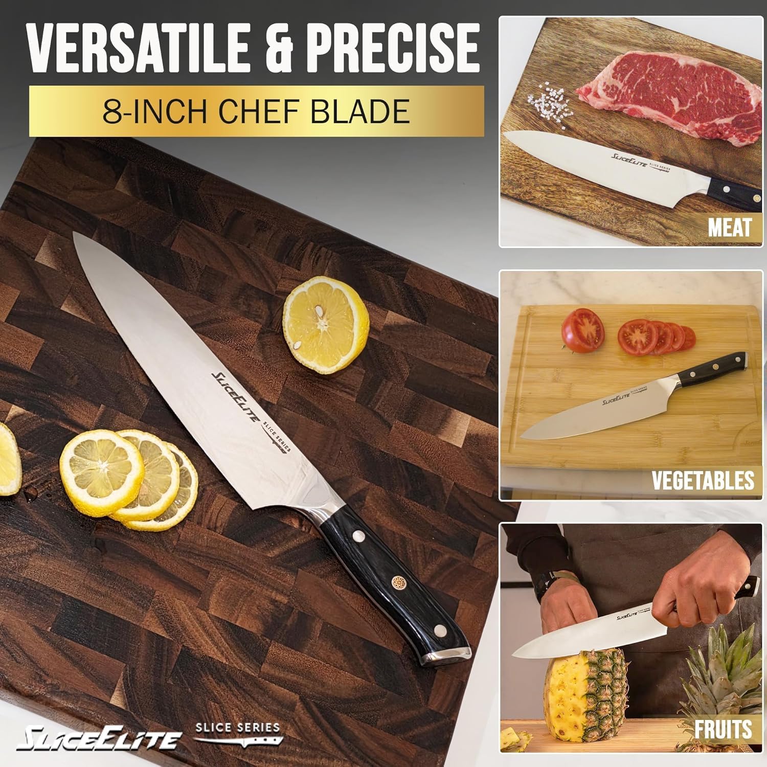 SliceElite Slice Series 8 Inch Chef Knife High Carbon German Steel Blade Pakkawood Handle Dual Sheath Sharp Cooking Knife for Meat Cleaver BBQ Kitchen Knife for Slicing Chopping Cutting Carving Tool
