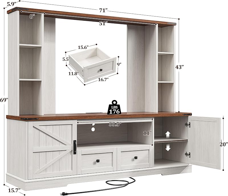 EnHomee Farmhouse Entertainment Center for 60" TV with LED & Power Outlets image 2