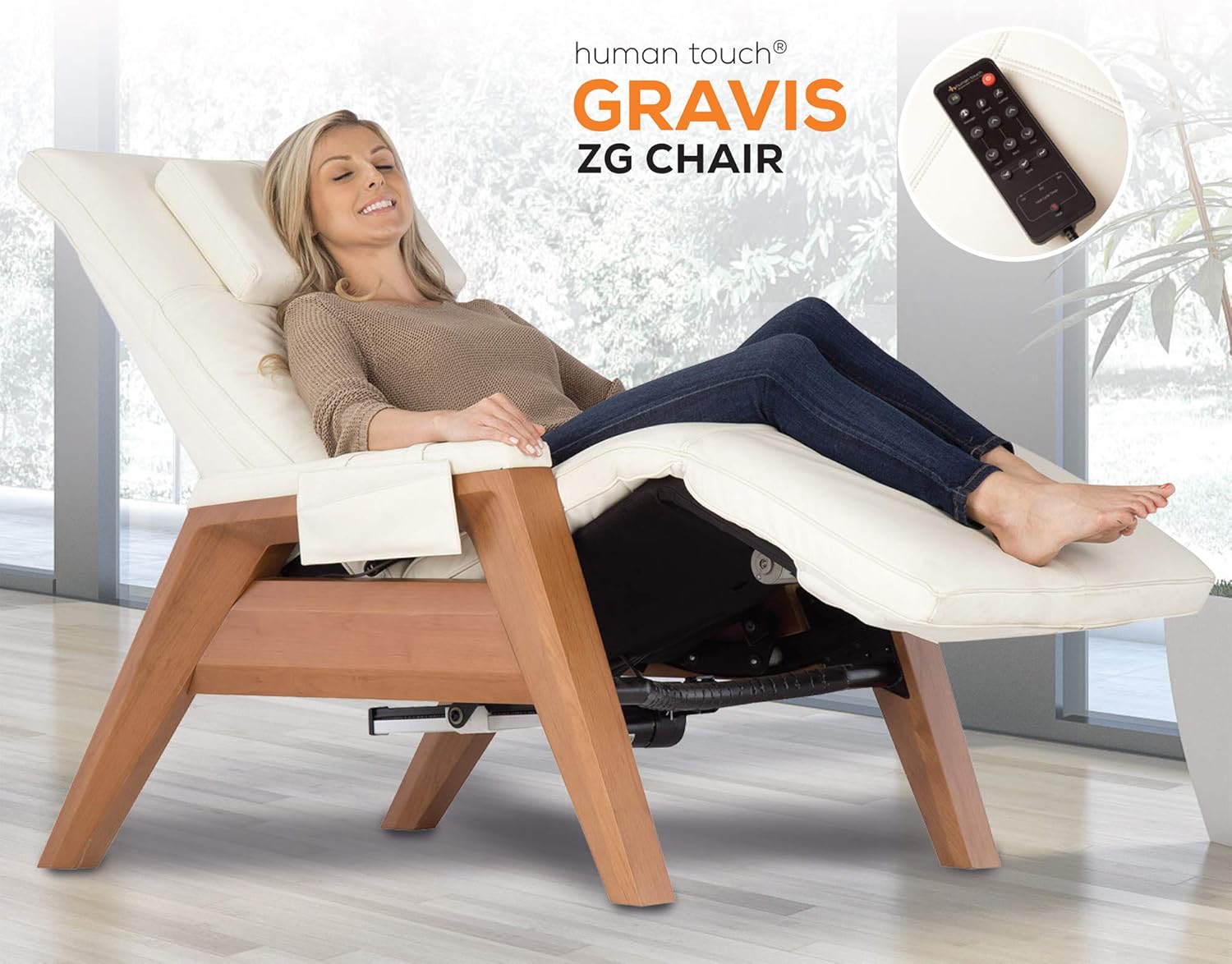 Zero Gravity Leather Massage Chair Recliner with Remote - Beech Wood - Bone Leather - in Home Delivery