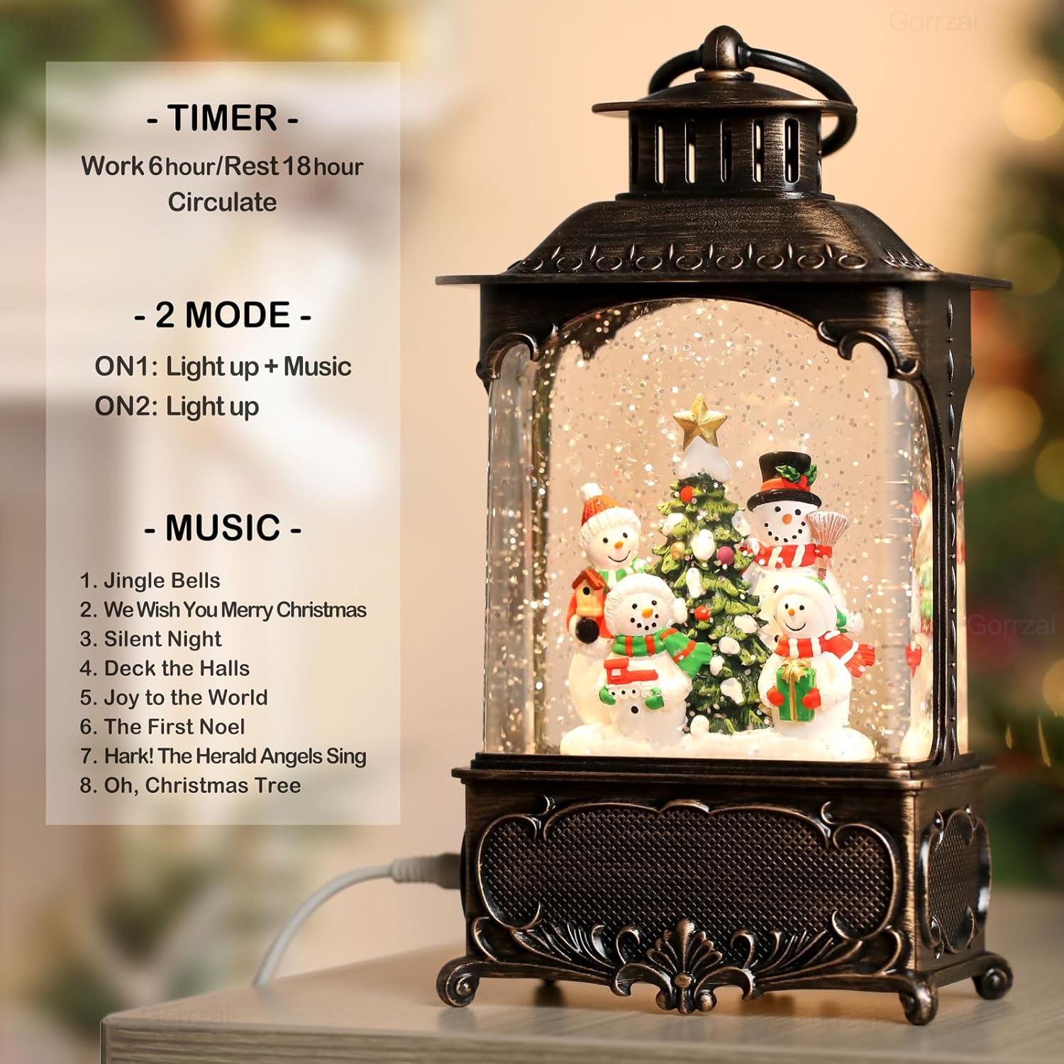 Snowman Snow Globe Christmas Snow Globe Lantern, Lighted Musical Christmas Decorations Indoor for Home with Music Timer Swirling Glitter, Light Up Holiday Decor Gift, USB or Battery Operated - Image 8