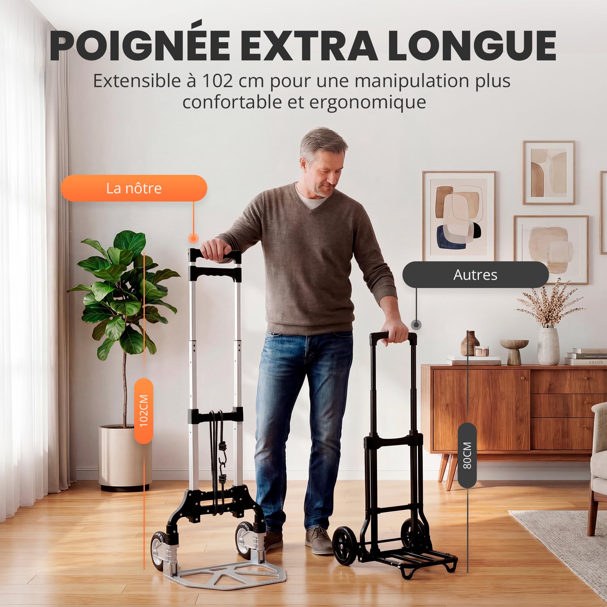 JUPPLIES Diable Pliable en Aluminium + Corde - Chariot de Transport 100x40 cm Max 75 kg avec Roues Silencieuses et Poignée Télescopique - Mini Diable Compact pour la Maison, Le Bureau ou Les Voyages