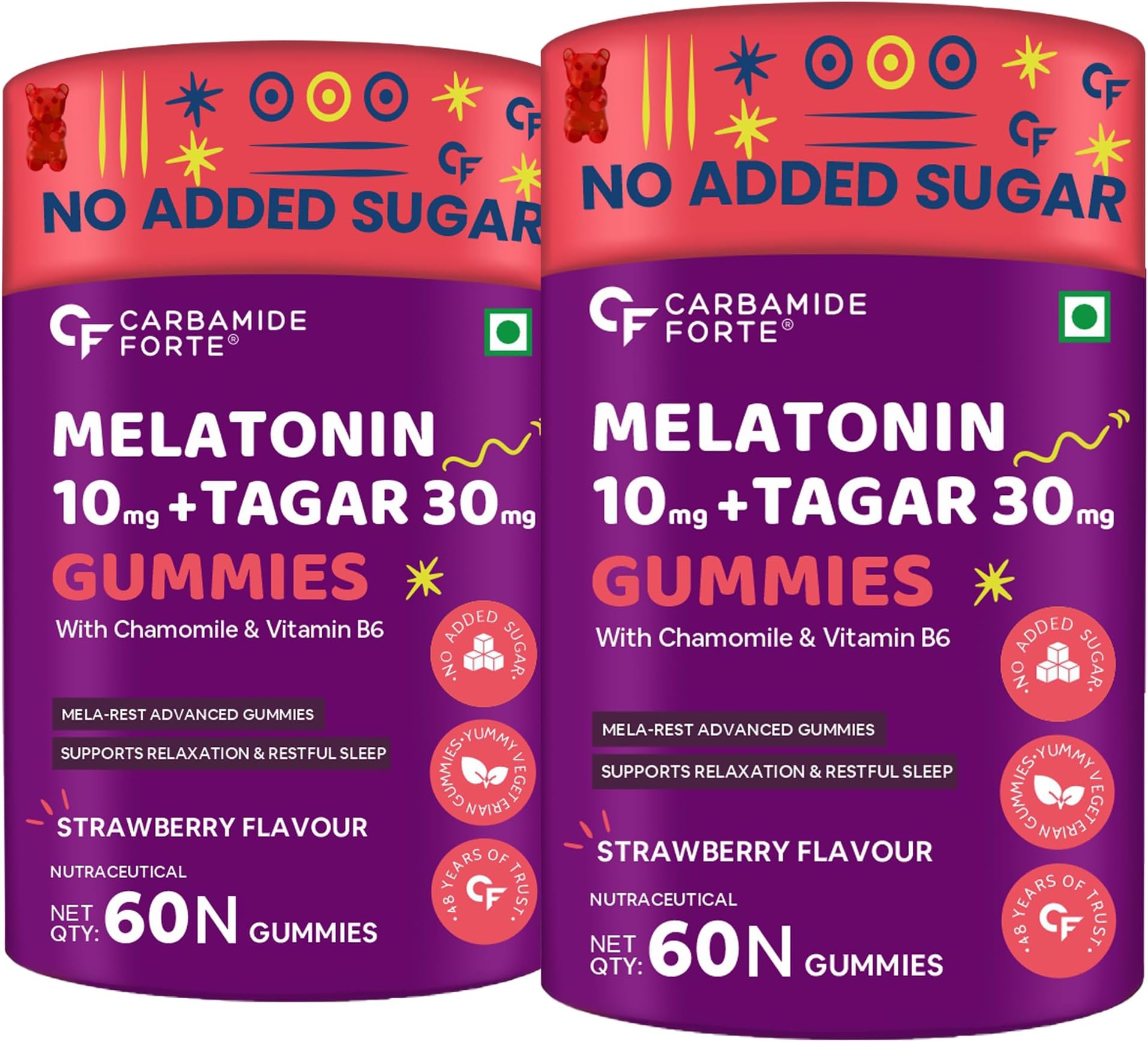 Carbamide Forte Melatonin 10mg Gummies - with TAGARA, L Tryptophan & Vitamin B6 | Sleep Aid Supplement 60 Veg Gummies (Pack of 2), 2 count, 60 Servings
