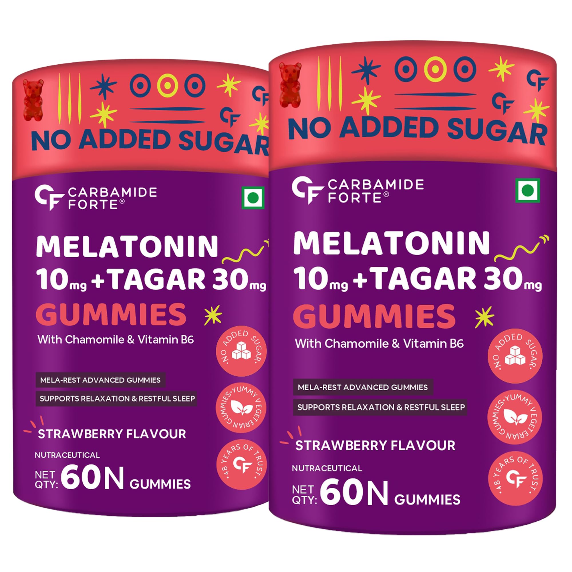 Carbamide Forte Melatonin 10mg Gummies - with TAGARA, L Tryptophan & Vitamin B6 | Sleep Aid Supplement 60 Veg Gummies (Pack of 2), 2 count, 60 Servings