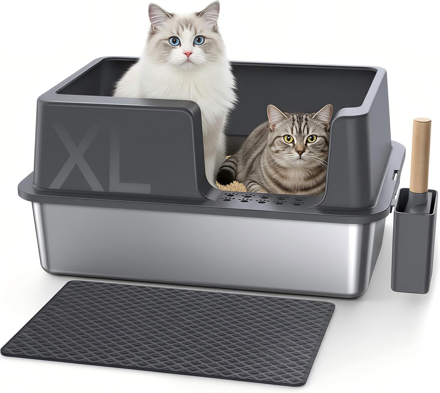 Gimars 3 in 1 High Sided Anti-Leakage Stainless Steel Cat Litter Box with Lid, Extra Large Enclosed Easy Cleaning Litter Box with Scoop, Front & Top Entry for Multiple Cats