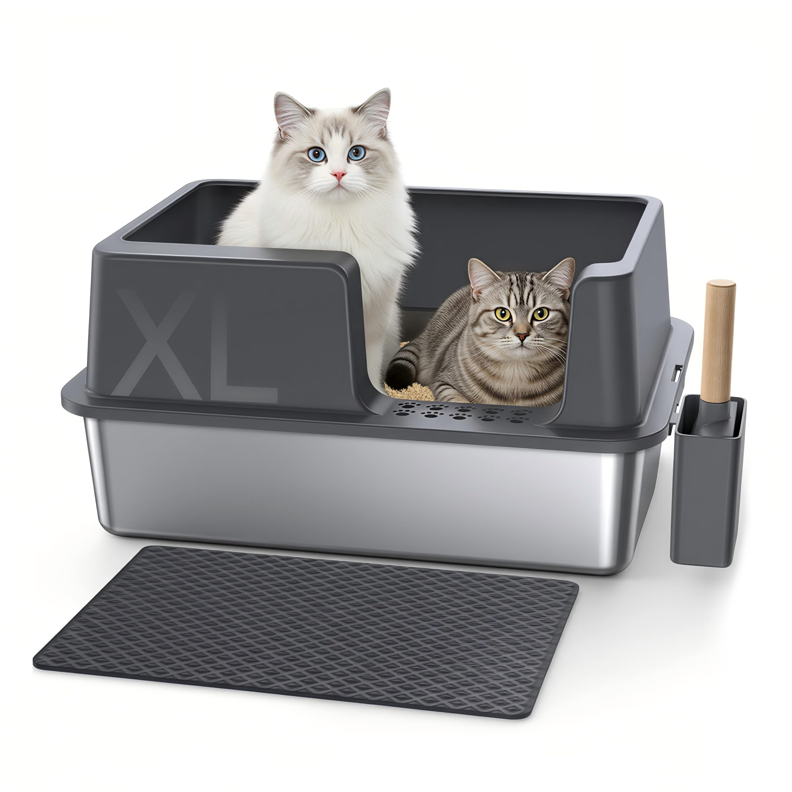 Gimars XL Stainless Steel Cat Litter Box 23.6x15.7x12.2in, Easy to Clean & No Odour Stainless 36L High Sided Steel Litter Tray, Leak-Proof Cat Litter Trays with Scoop & Mat