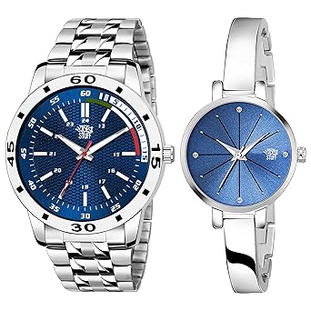 Swadesi Stuff Blue Color Dial Stainless Steel Strap Round Shap Analog Couple Watch for Men and Women - Combo of 2