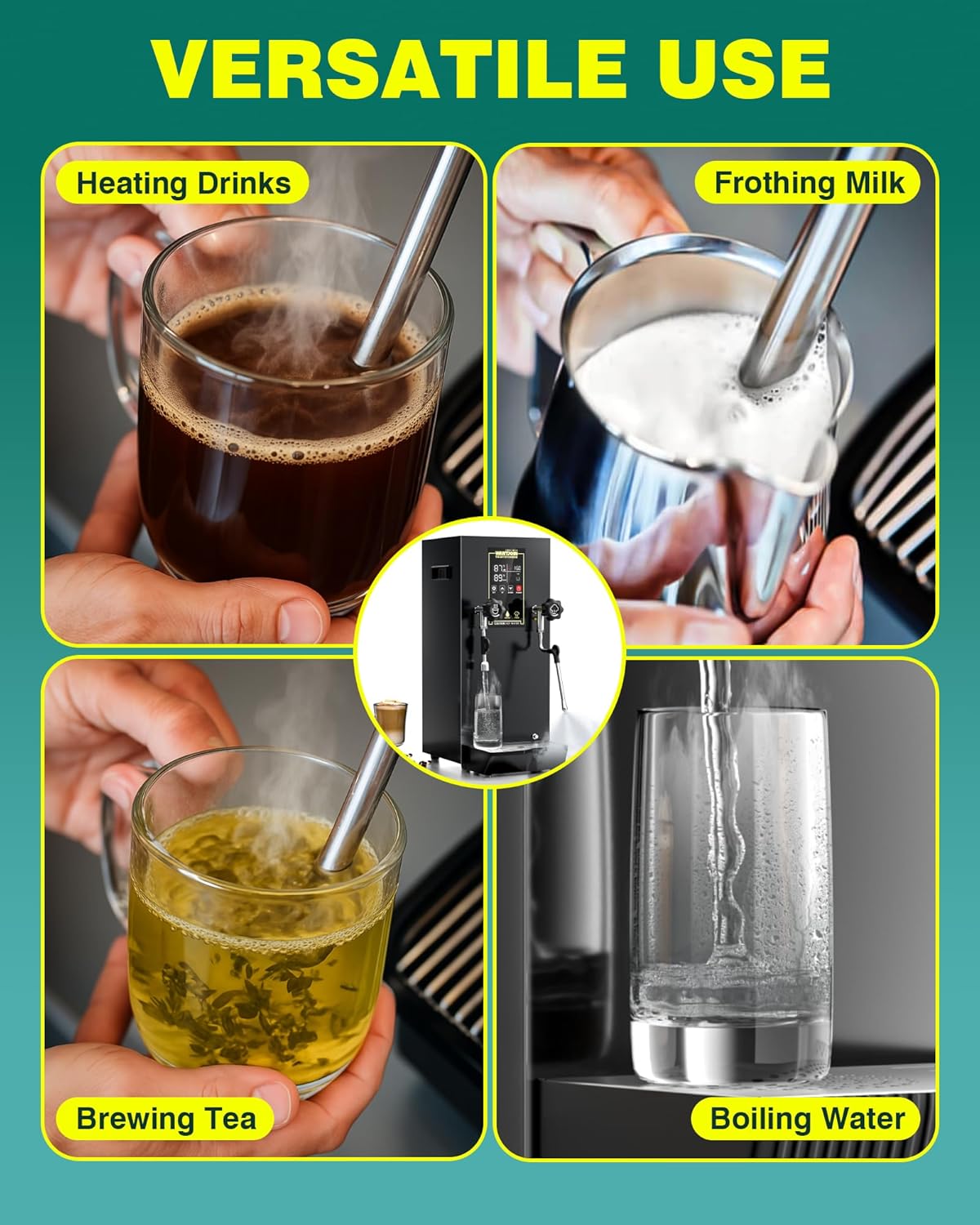 WantJoin Milk Frother demonstrating versatile use for heating drinks, frothing milk, brewing tea, and boiling water