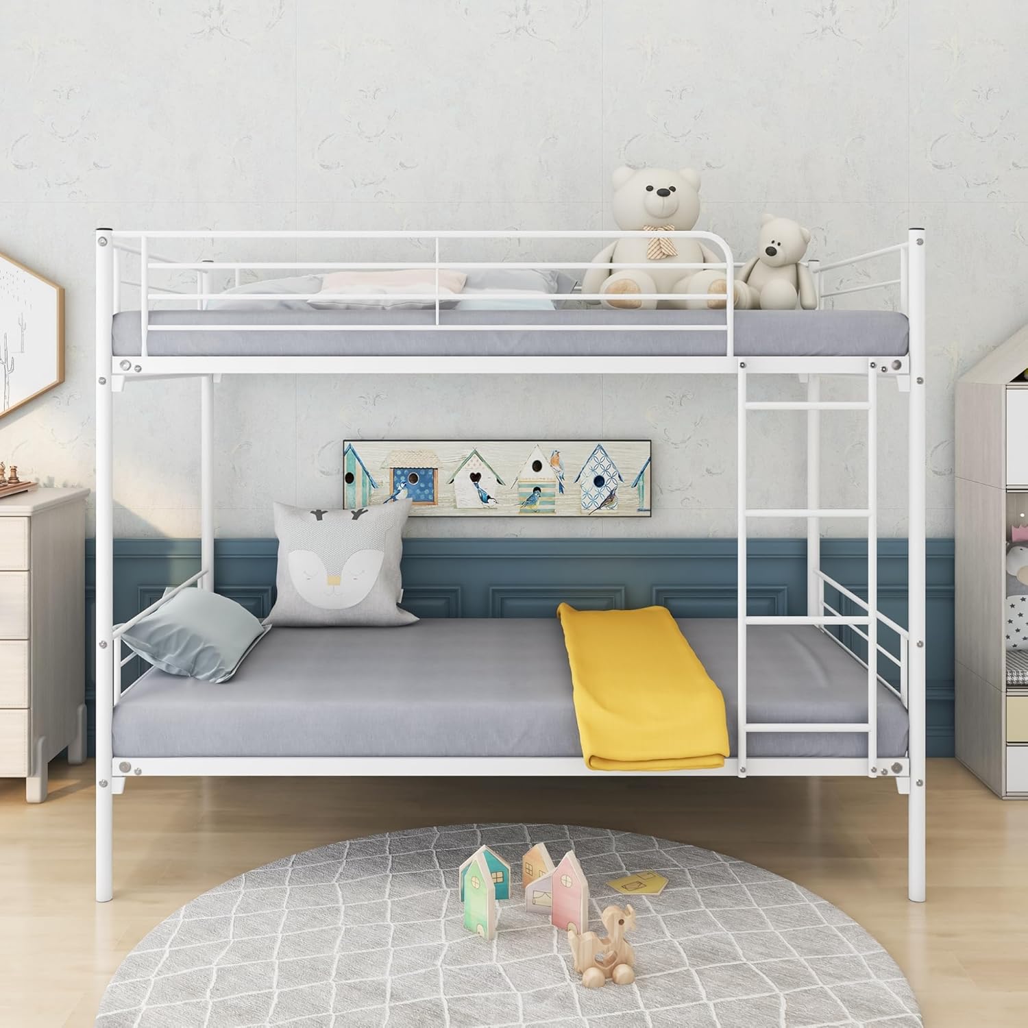 Version Thicken Metal Twin Over Twin Bunk Bed,Best Industrial Style Heavy Duty Bunk Beds Frame with Side Ladder and Safety Guard Rails for Adults Teens No Box Spring Needed… (White-1)