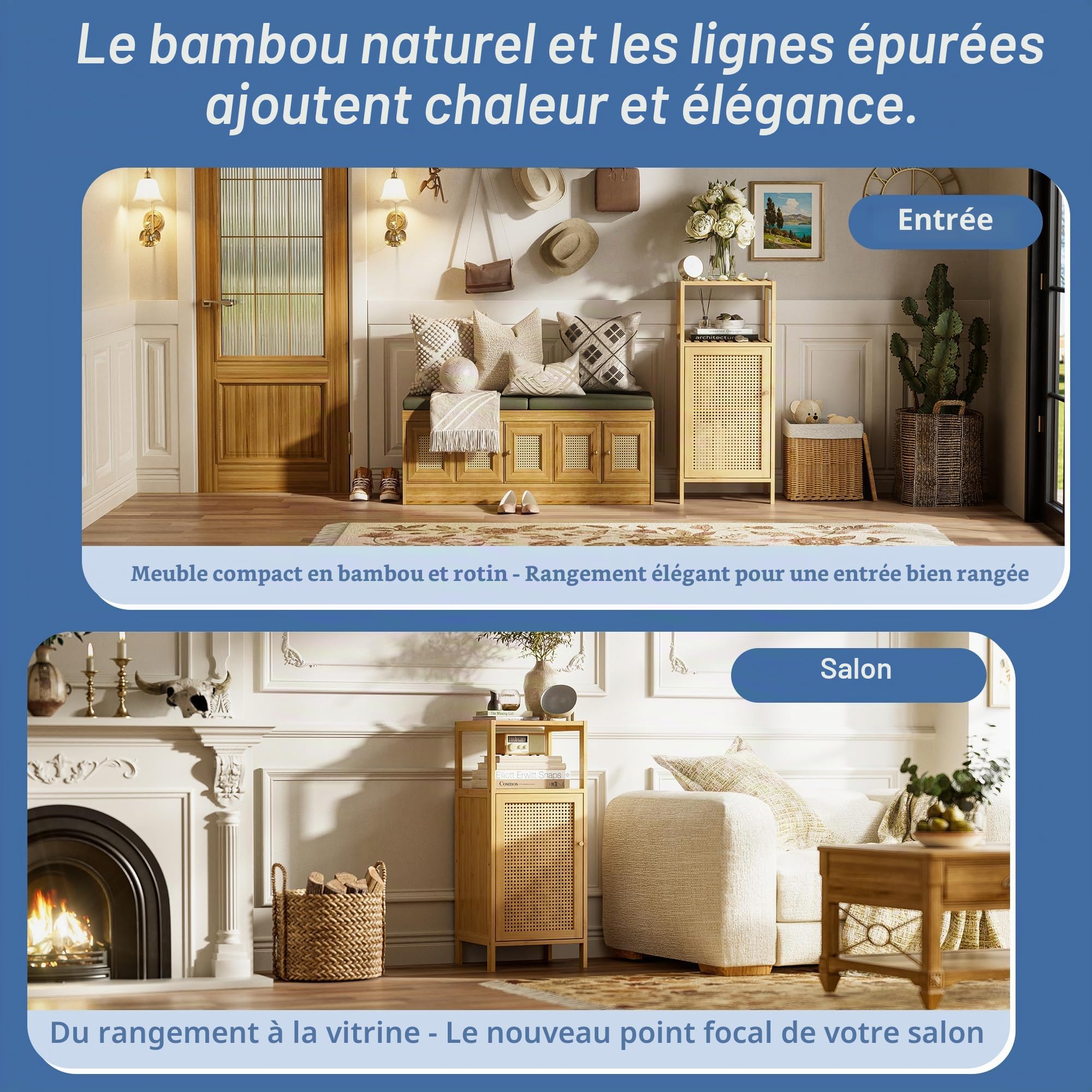 HITNET Armoire de Rangement en Rotin, Petit Meuble de Salle de Bain avec Porte, Armoire sur Pied en Bambou, Organisateur latéral étroit autoportant pour Salon, Cuisine, entrée, Naturel