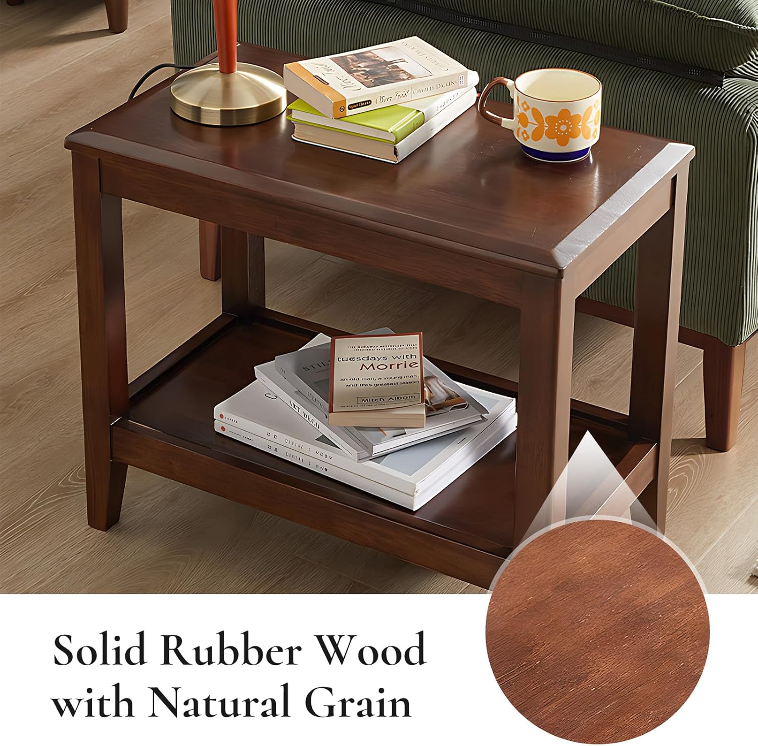 Side Table, Solid Wood Rectangular End Table with Storage Shelf, 2-Tier Coffee Table for Living Room, Rubber Wood Small Sofa Table, Nightstand 19.69 H x 13.39 W x 23.62 D Inches (Walnut)