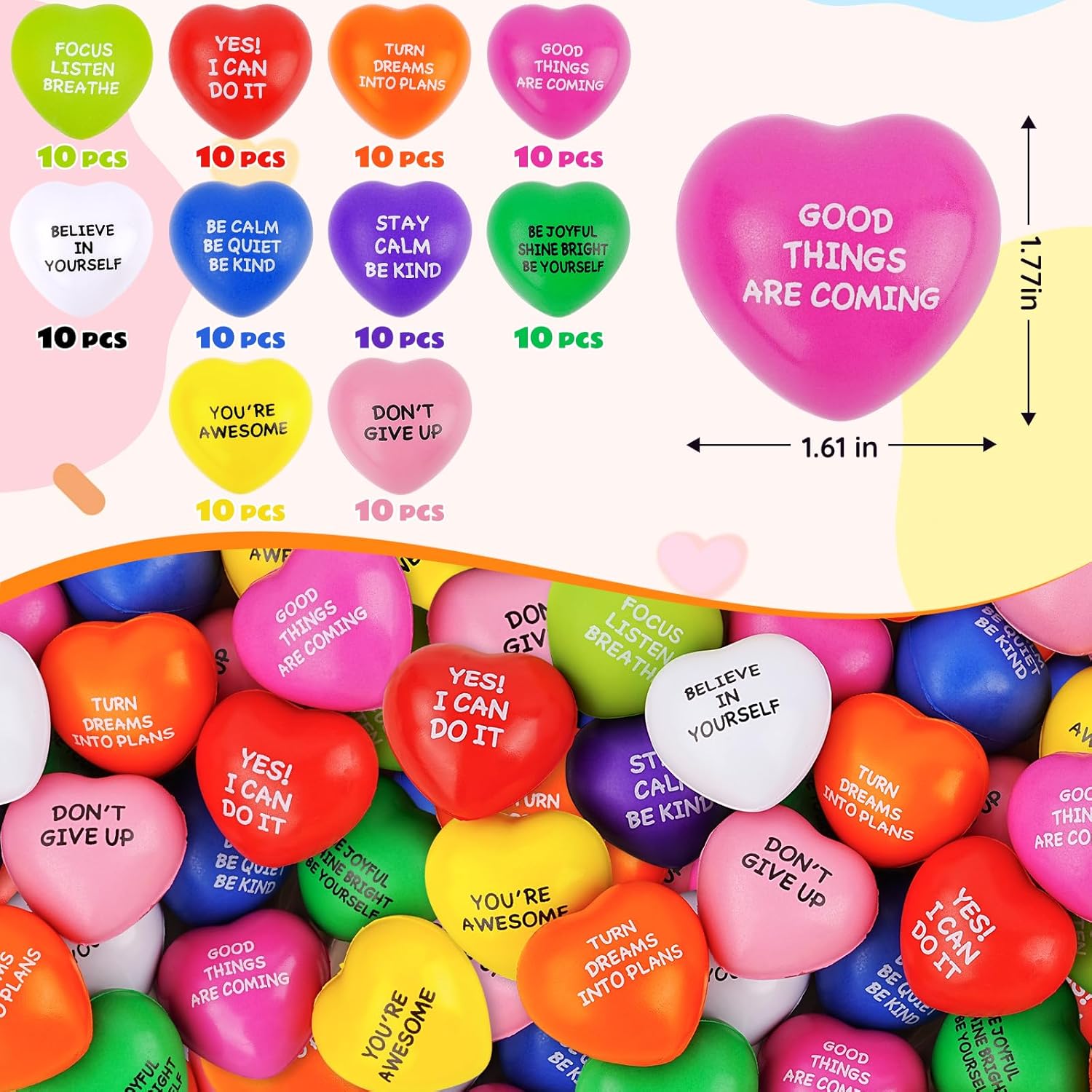 Stress Balls, 100PCS Bulk Heart Stress Balls, Stress Balls for Adults & Kids, Motivational Quotes Soft Foam Stress Relief Squeeze Toys, Office Classroom Stress Relief Gifts, Perfect Party Favors - Image 4